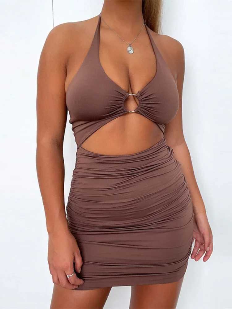 Sexy Metal Ring Wrap Chest Hollow Out Slim Bodycon Dress Women Sleeveless Backless Skinny Dress Elegant Club Party Dresses XJ250610