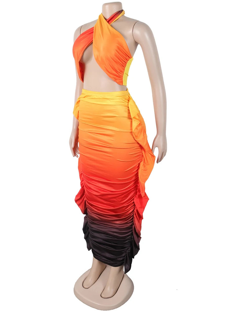 Beyprern Tropical Goddess Halter Neck Crop Top And Maxi Skirt Set Summer Womens Tie Dye Ruched Two-Piece Dress Night Clubwear 250609