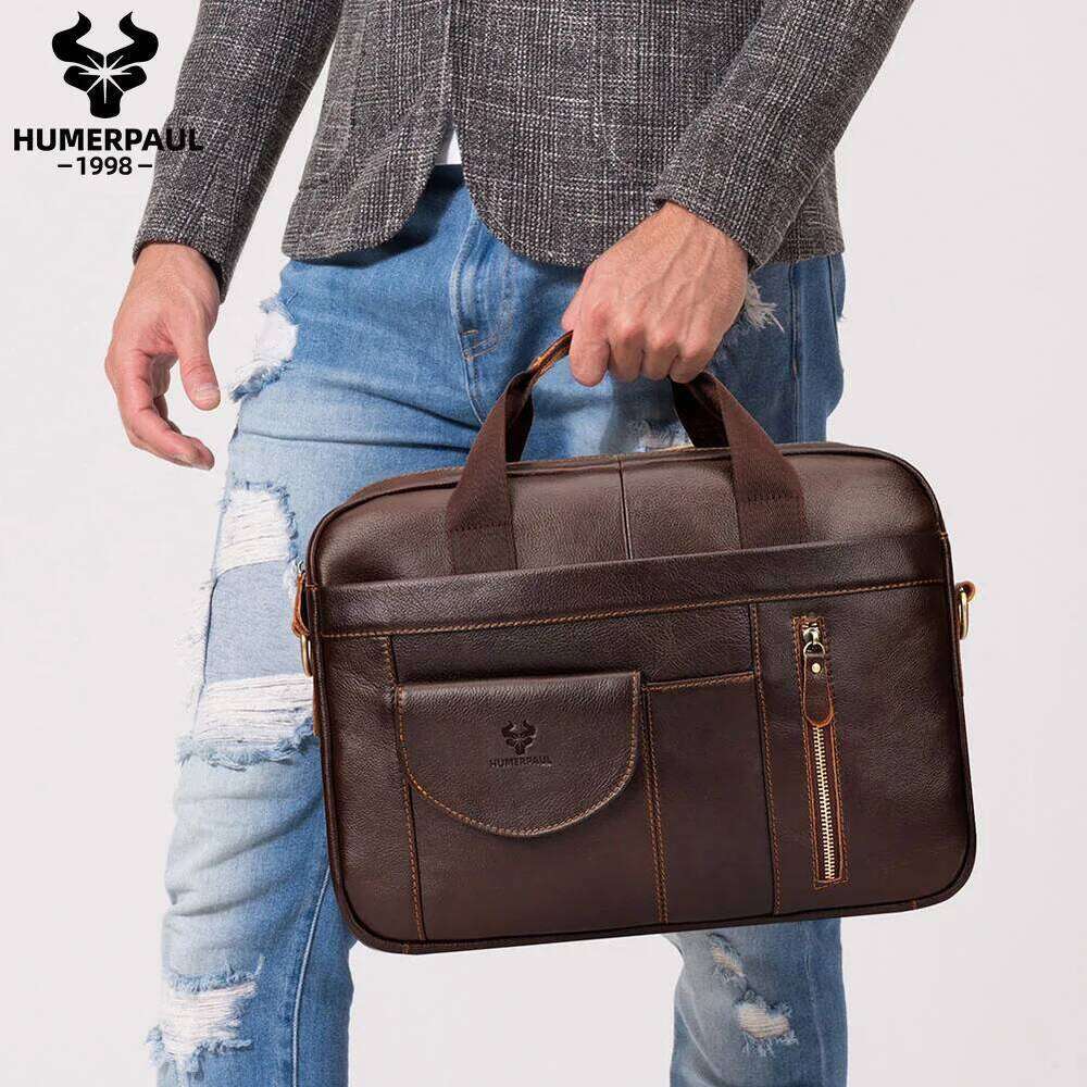 HUMERPAUL Men's Briefcase Top Layer Leather Handcrafted Laptop Bag With Multiple Compartments Business Shoulder Messenger