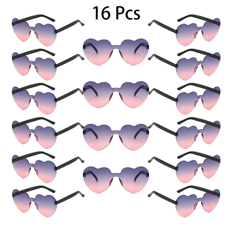 16 Pcs Per Set Rimless Heart Shaped Sunglasses Women Cute Fashion Beach Holiday Shades Trendy Multi-color Rave Sun Glasses 250530