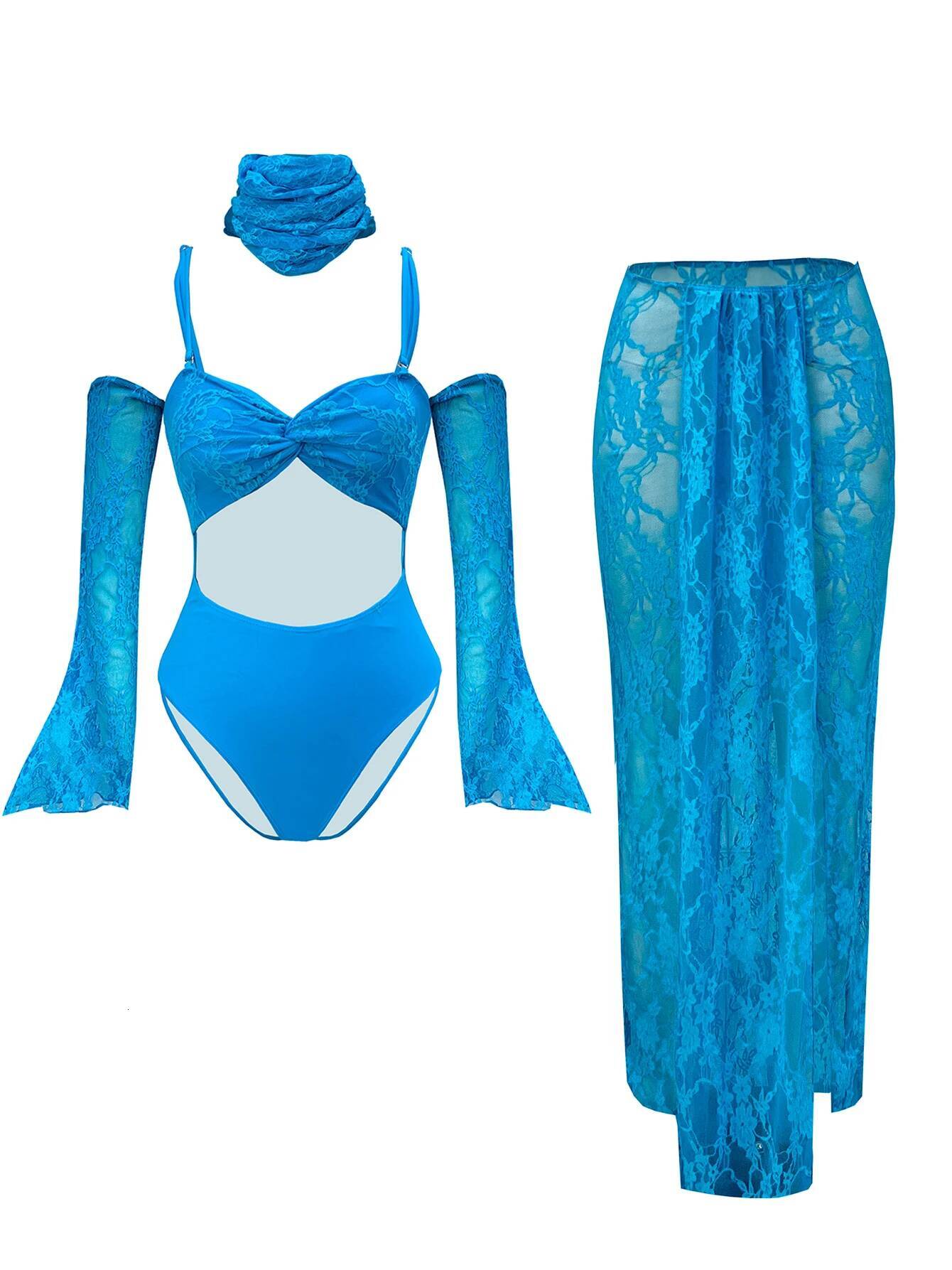 Fashion Lace Bikini And Long Skirt Women 3/4 Pc Swimsuit 2025 Sexy See Through Biquni Lady Beachwear Outfit Female Dress Set