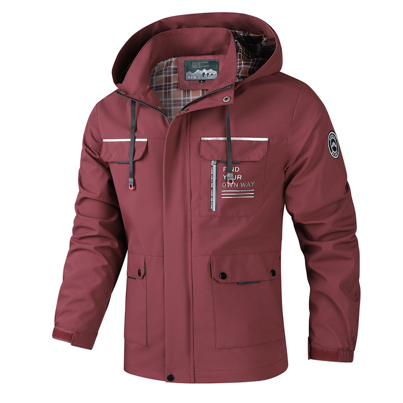 Thin workwear jacket for men in spring and autumn European and American outdoor leisure fashion medium to long hooded jacket