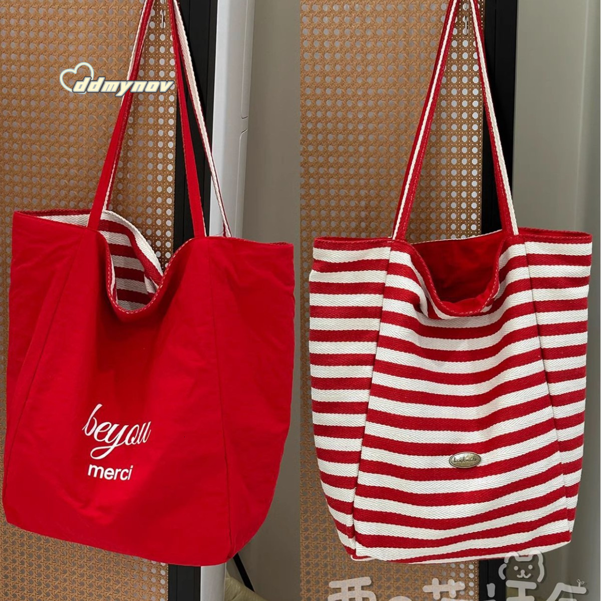 Live Exclusive Striped Double-Sided Shoulder 2025 New Simple Student Class Commuting Canvas Tote Bag ddmynov ddmynov