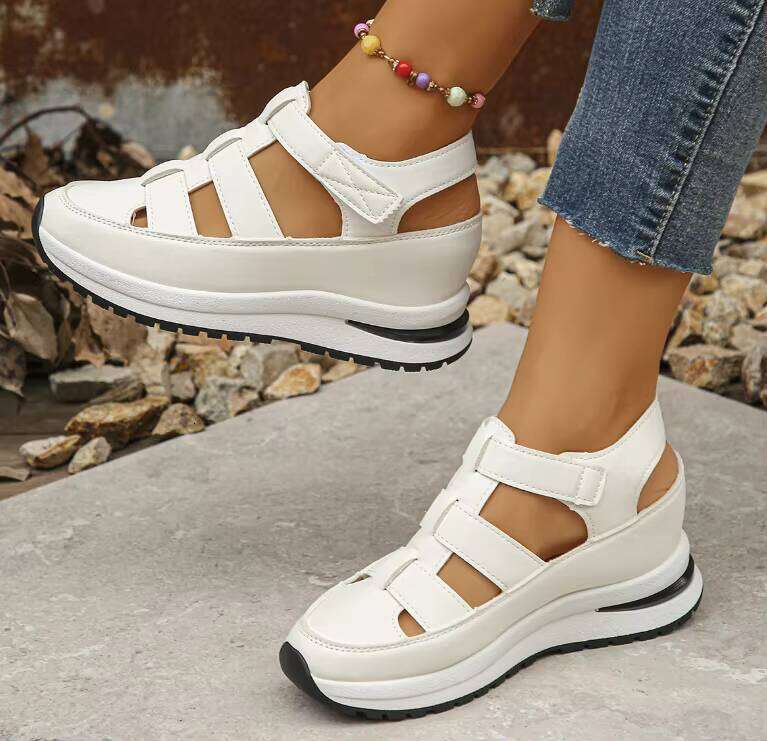 Summer Wedge Sandals With Closed Toe Hollow Breathable Platform Velcro Women's Shoes