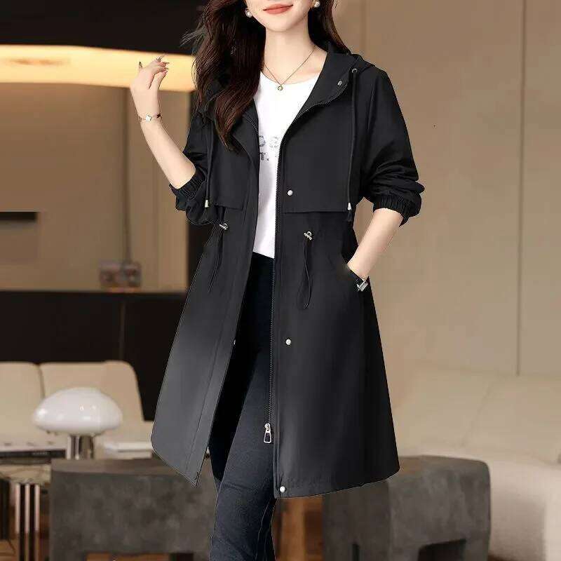 2025 Spring Autumn New Korean Women Hooded Trench Coat Fashion Mid-Length Outerwear Female Slim Windbreaker Ladies Overcoat B816