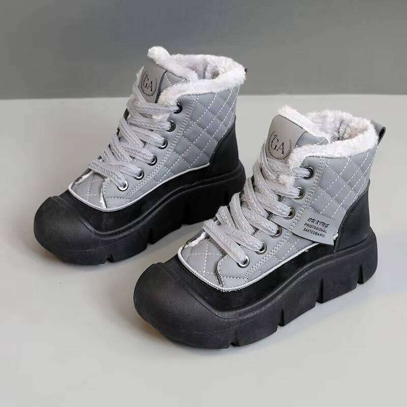 Trendy Lace-up Casual High Top Women Fleece Winter Shoes PU Leather Thick Sole Sneakers