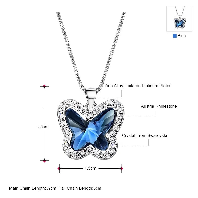 Cute Blue Butterfly Austrian Crystal Pendant Necklace for Girls Fashion Jewellery Women Anniversary Wedding Valentines Day Gift 250609