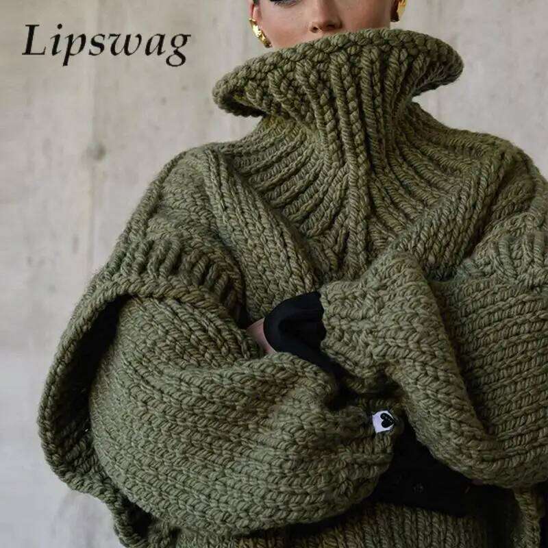 Women Casual Warm Winter Thick Sweater Fall Elegant Turtleneck Solid Knitted Jumper Femme Fashion Long Sleeve Loose Pullover Top