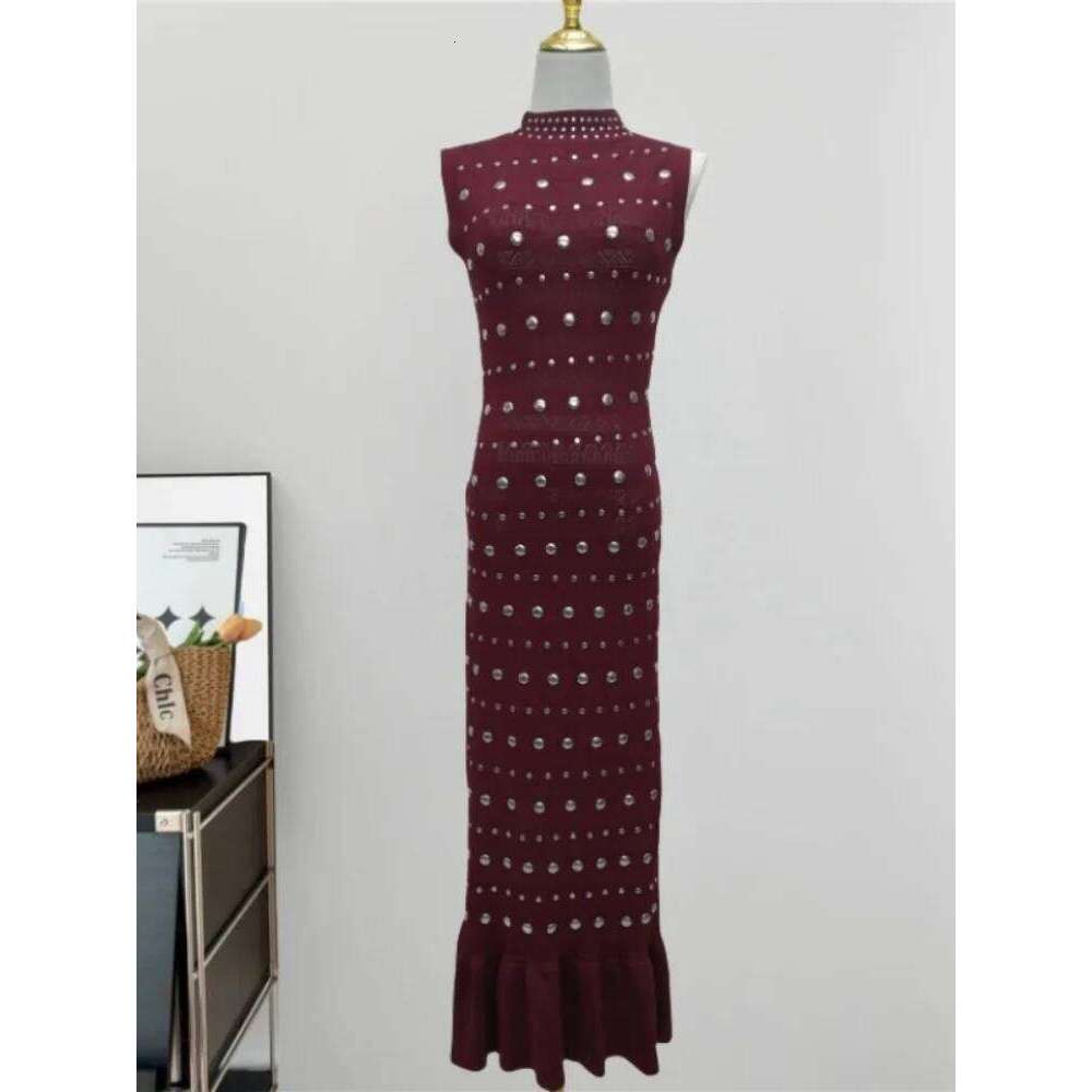 HMA New Spring French Elegant Long Dress Women's Sequined Ice Silk Knitted Sleeveless Slim Summer Dresses