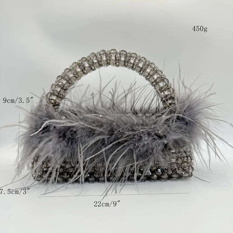 Elegant Evening Handbag for Parties - Premium Crafted Ladies' Purse Featuring Realistic Ostrich Plumes and Shimmering Accents
