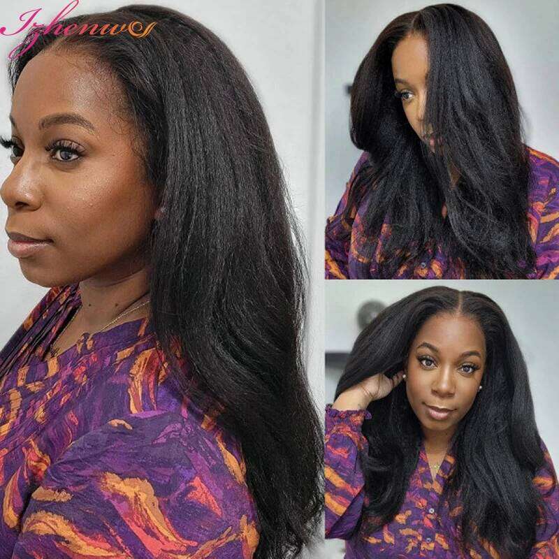 Transparent Kinky 13x6 Frontal Wigs Yaki Straight Human Hair Pre Plucked Remy Lace Closure Wig 250 Density