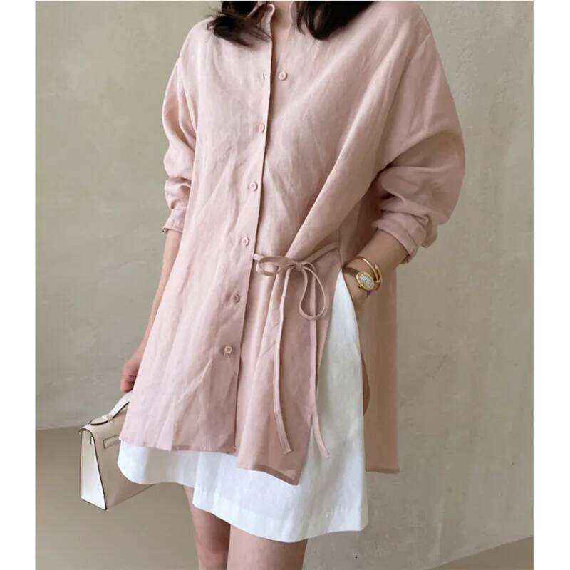 EAEOVNI Sunscreen Linen Blouse For Women Lace-Up Split Design Long Sleeve Solid Color Shirt 2025 New Clothing 1A1140