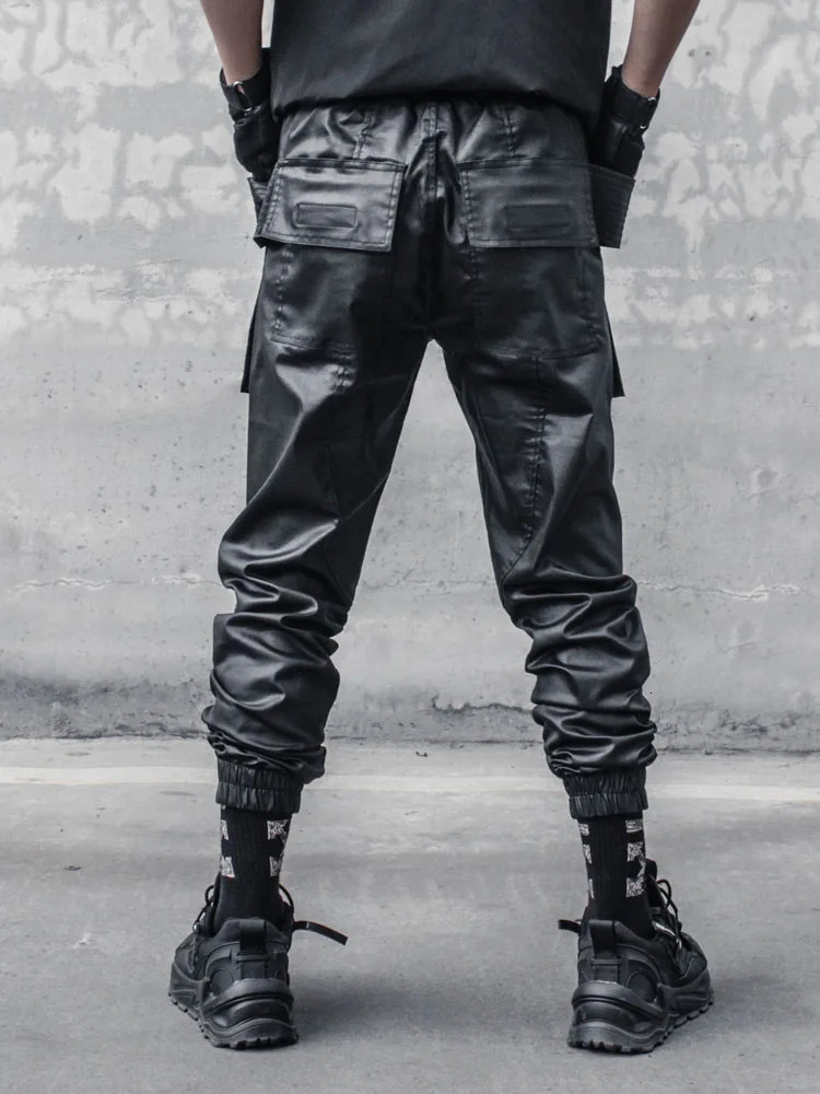 Waxy Coating Punk Hip Hop Cargo Pants Mens Multi-pockets Motorcycle Techwear Functional Joggers Street Casual Trousers 250609