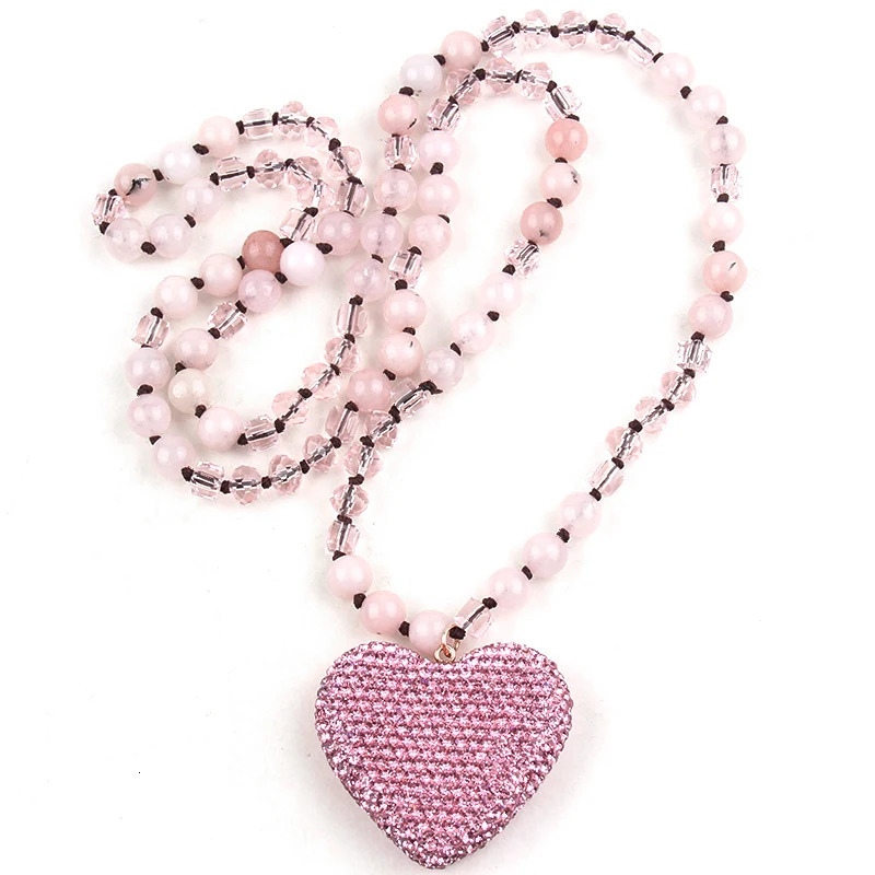 Fashion Bohemian Jewelry 8mm Natural Stone Crystal Glass Long Knotted Necklace Crystal Heart Pendant Necklace For WomenGift 250604