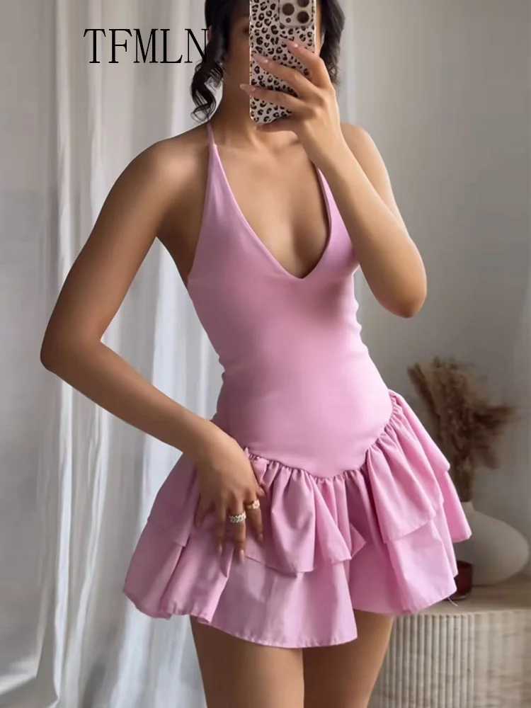 TFMLN Sweet Womens Sexy Tiered Halter Mini Dress 2025 Summer Fashion Casual Slim Short Dresses Elegant Party Dresses Vestidos XJ250610