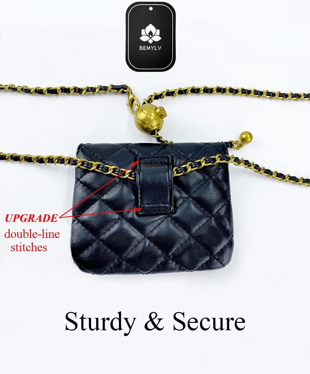 BEMY Leather Chain Belt Bag for Women Black Crossbody Waist Purse Fanny Pack Fashion Evening Clutch Mini Handbag Detachable