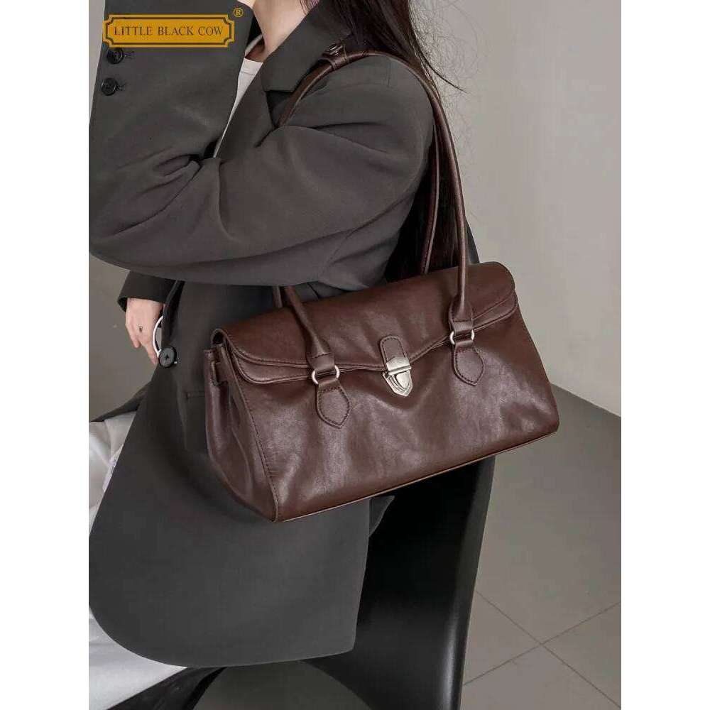 Office Ladies Elegant Work Single Shoulder Hasp Solid Color Genuine Leather Vintage Underarm Bag Casual Women Handbag Totes 2025/06/10