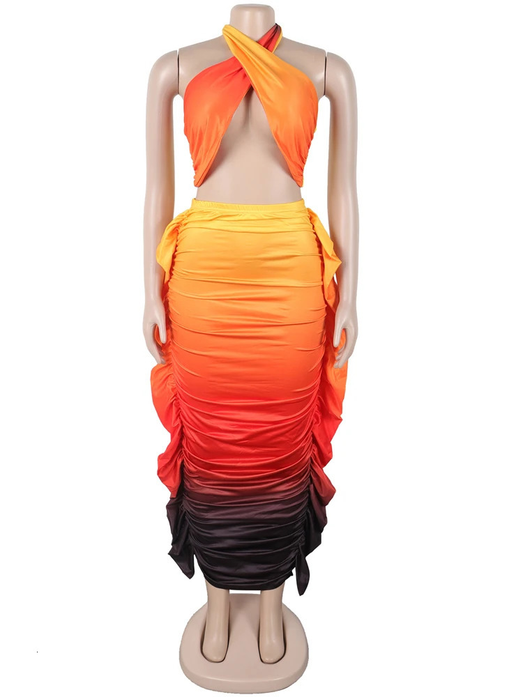 Beyprern Tropical Goddess Halter Neck Crop Top And Maxi Skirt Set Summer Womens Tie Dye Ruched Two-Piece Dress Night Clubwear 250609