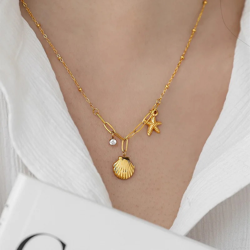 316L Stainless Steel Starfish Shell Zircon Pendant Necklace For Women Fashion Gift Gold Color Neck Chain Jewelry 250609