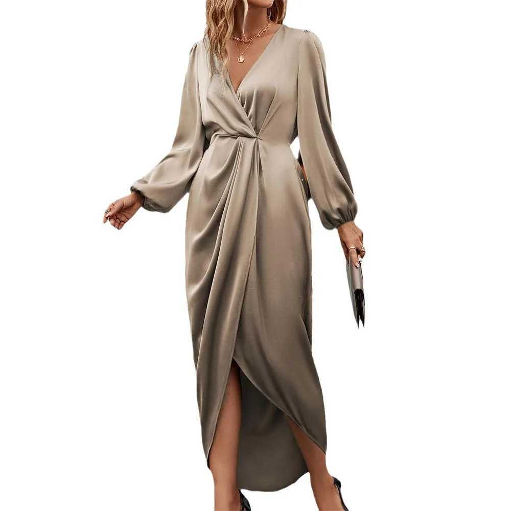 Women New Long Dress Elegant Round Neck Satin Bubble Sleeves Dress Autumn Long Sleeve Lady Midi Slim Evening Party Dresses XJ250610