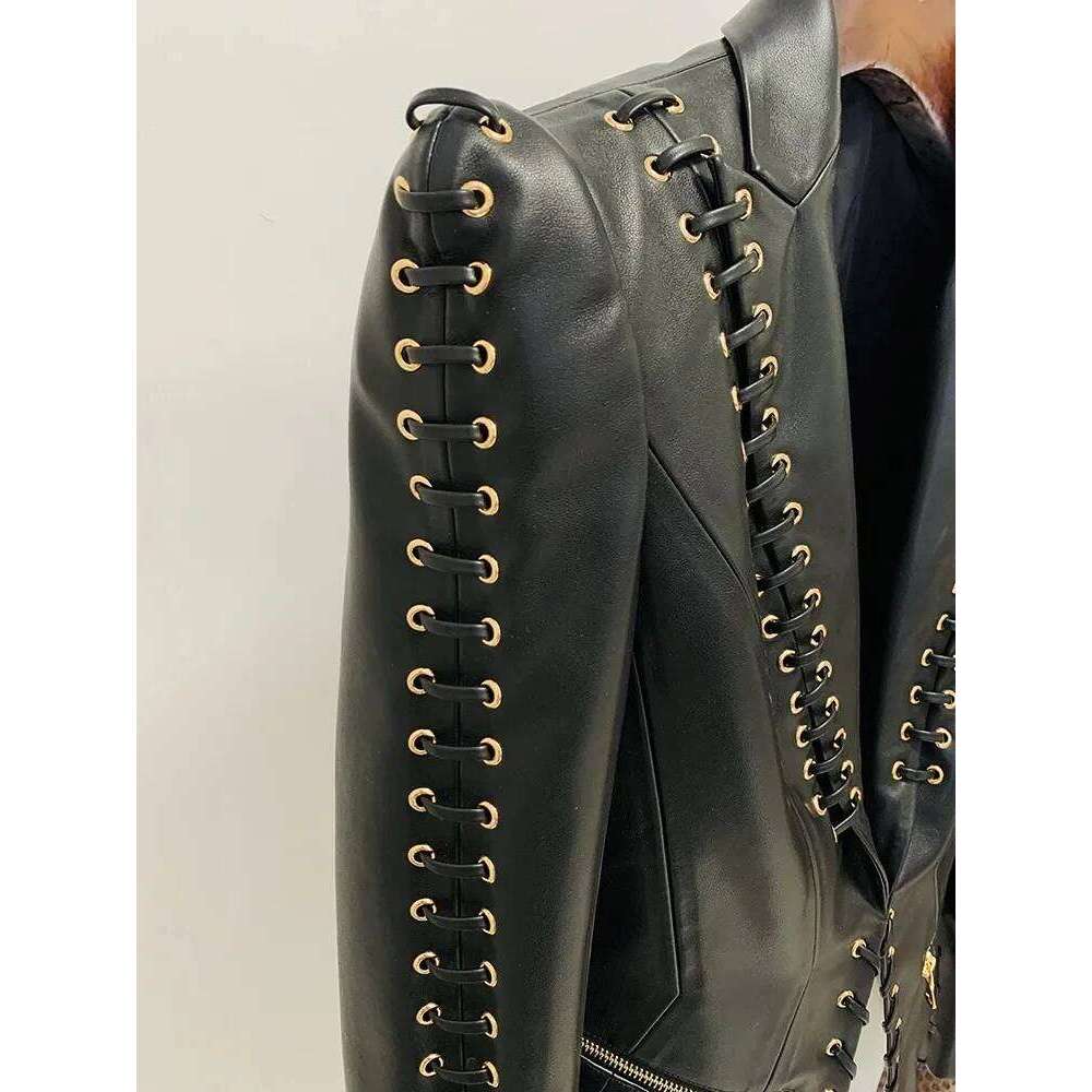 Lautaro Spring Autumn Short Black Fitted Pu Leather Blazer Jacket Women Long Sleeve Elegant Designer Lace Up Clothes