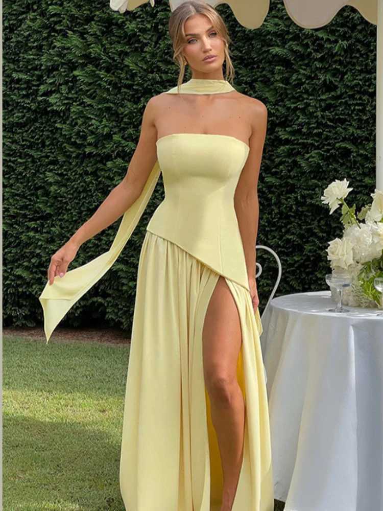 Elegant Yellow Gauze Off Shoulder Scarf Neck Long Dress Women Fashion Sleeveless A-line Vestido 2025 Summer Vacation Party Robe XJ250610