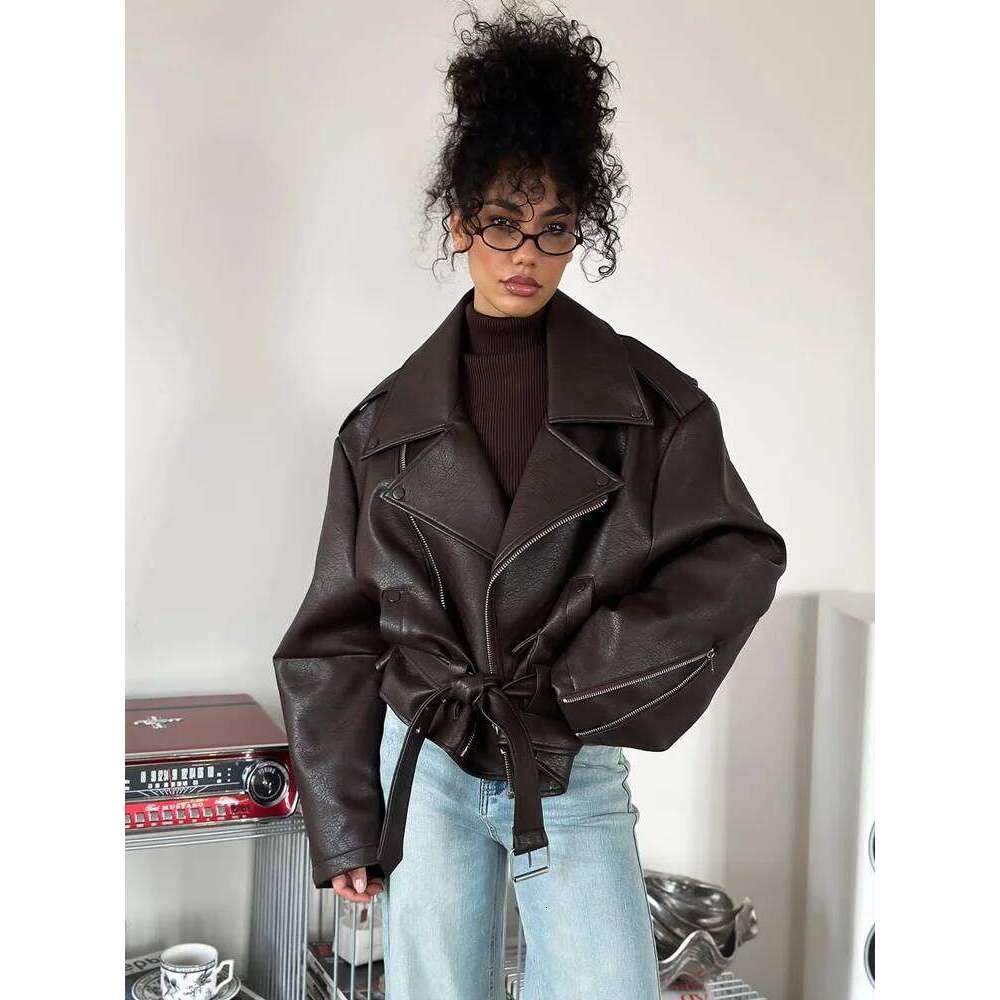Leather Lapel Lace Up Jacket Woman Loose Solid Color Long Sleeves Zipper Coat Casual Street Fashion Women's New Baggy Jackets