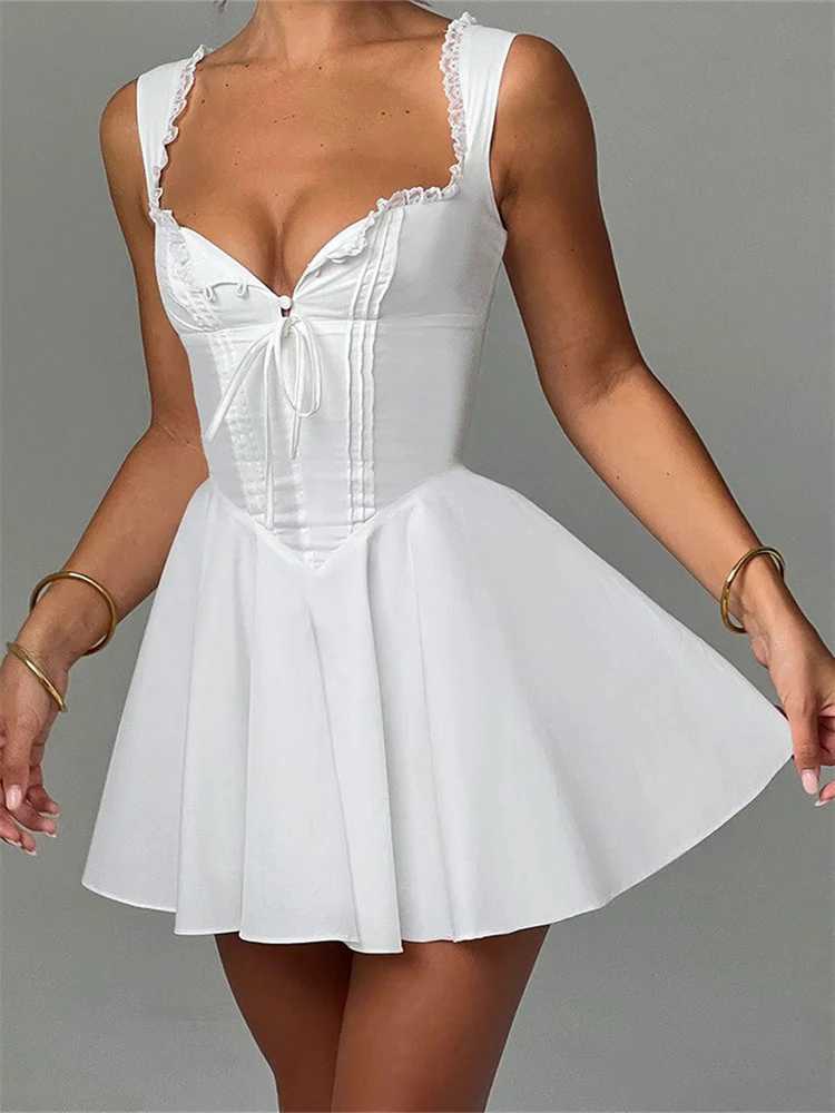 CHRONSTYLE Elegant Women Short Mini A-Line Dress Deep V Neck Backless Ruffles Hem Sleeveless Dress for Party Club Dresses 2024 XJ250610
