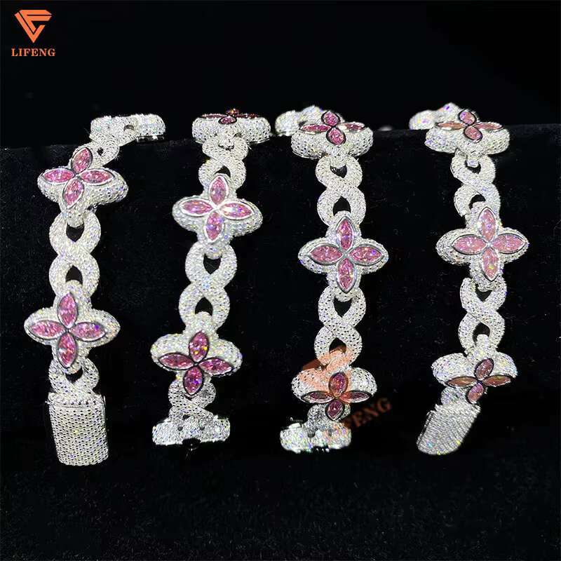 Custom Hip Hop Jewelry 14mm White Gold 925 Sterling Silver Pink Moissanite Diamond Four Leaf Clover Infinity Link Bracelet
