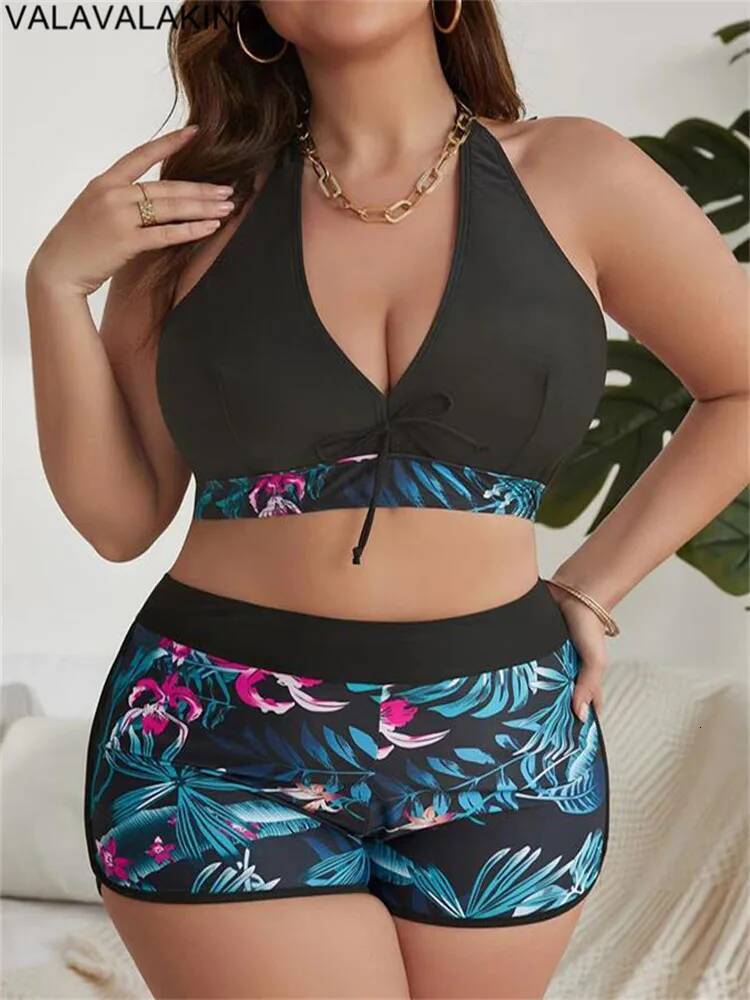 2025 Patchwork Two Piece Plus Size Bikini Women Tied Halter Large Swimsuit Push Up Lady Chubby Swimwear Beach Curvy Bathing Suit