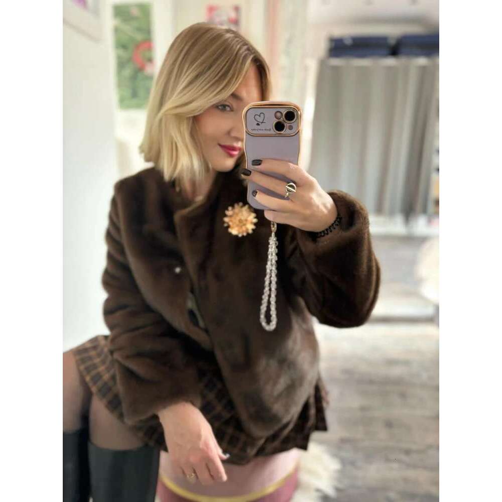ZBZA Women's Fashion Brooch Jacket Vintage Simple O-Neck Long Sleeve Faux Fur Cardigan Winter New Female Chic Outerwear