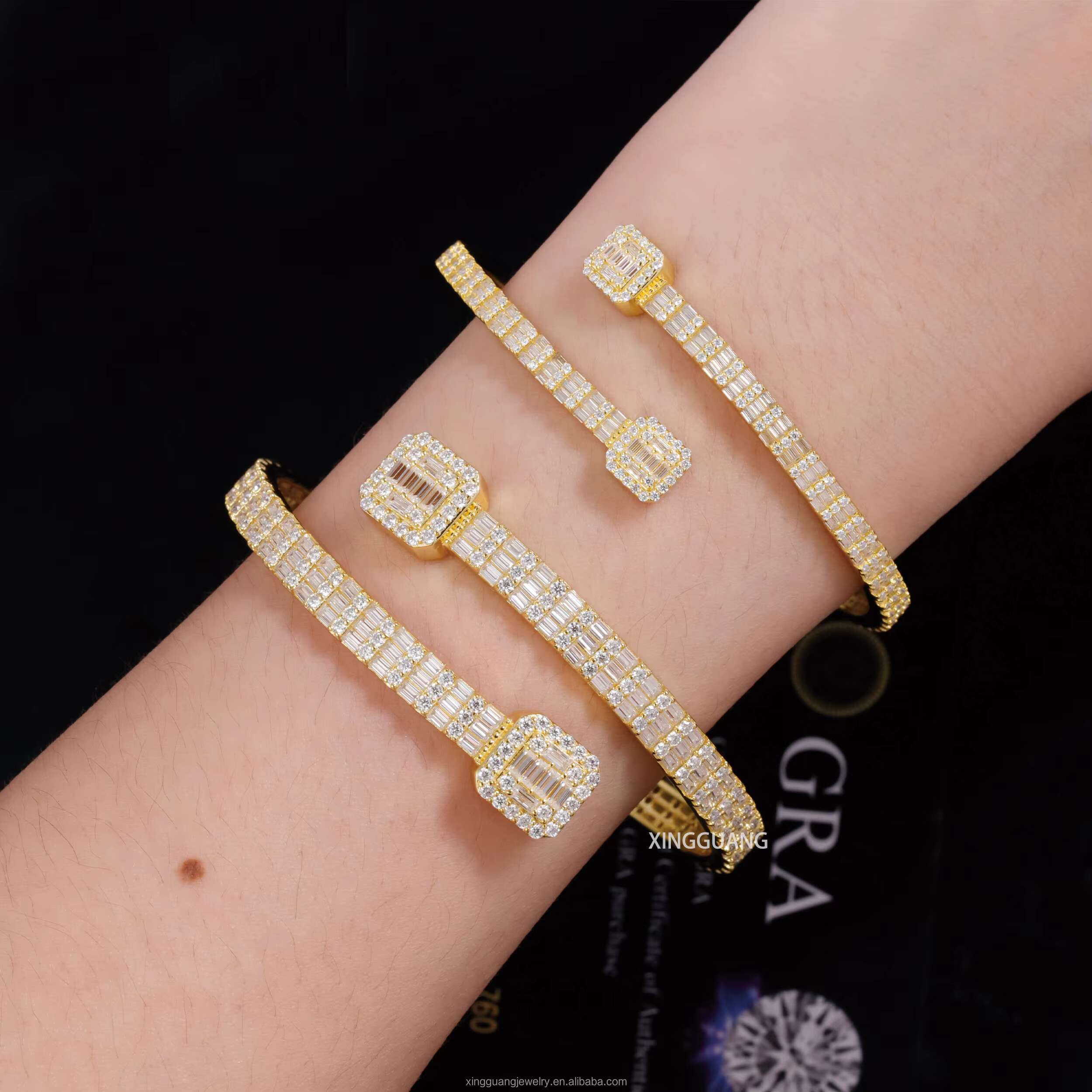 XG Square Iced Out Moissanite Cuban Bracelets Bangles 925 Silver Plated Gold Vvs Moissanite Bracelets