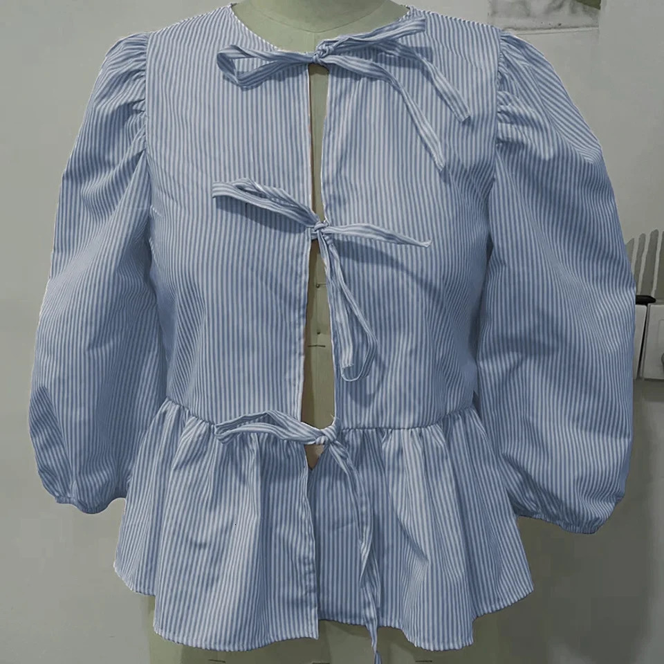 Summer Blouses For Women Dressy Casual Women Puff Short Sleeve Peplum Shirts Tie Front Ruffle Hem Blouse Blusa Elegante Feminina 250610
