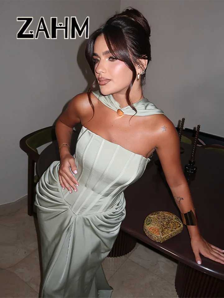 Elegant Pleated Party Long Dress Women With Scarf Satin Sleeveless Backless Evening A-line Dresses 2025 Summer Lady Robes XJ250610