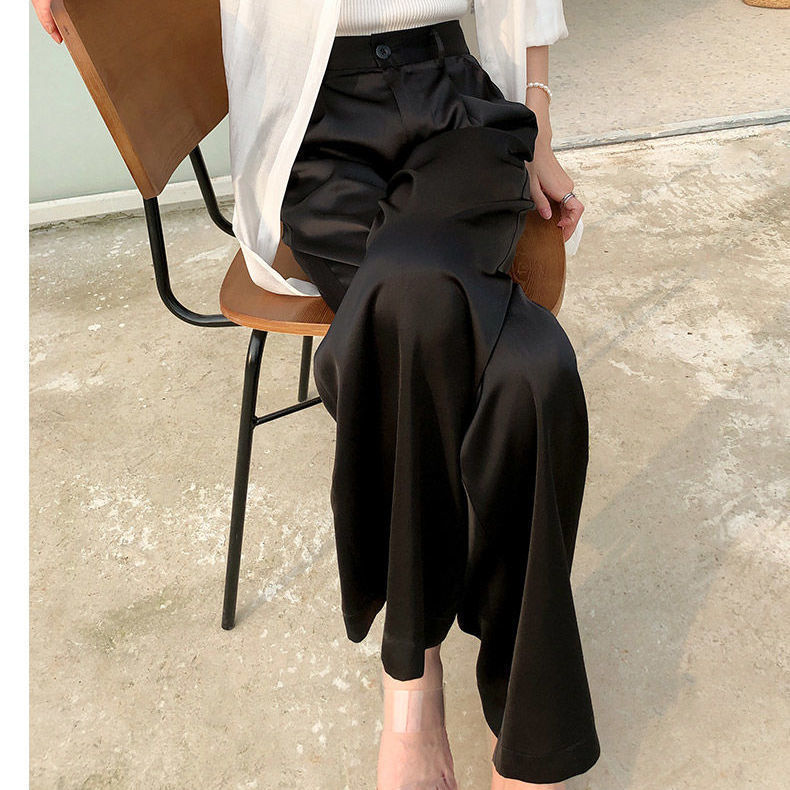 The/* - r * ow acetate satin straight black commuting wide leg with a slimming effect, loose fitting suit, casual women's pants for women Z260314