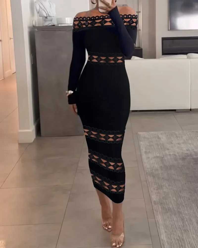 Evening Party Club Bodycon Maxi Dress for Women Spring Autumn Sexy Off Shoulder Lace Patch Long Sleeve Midi Dress XJ250610