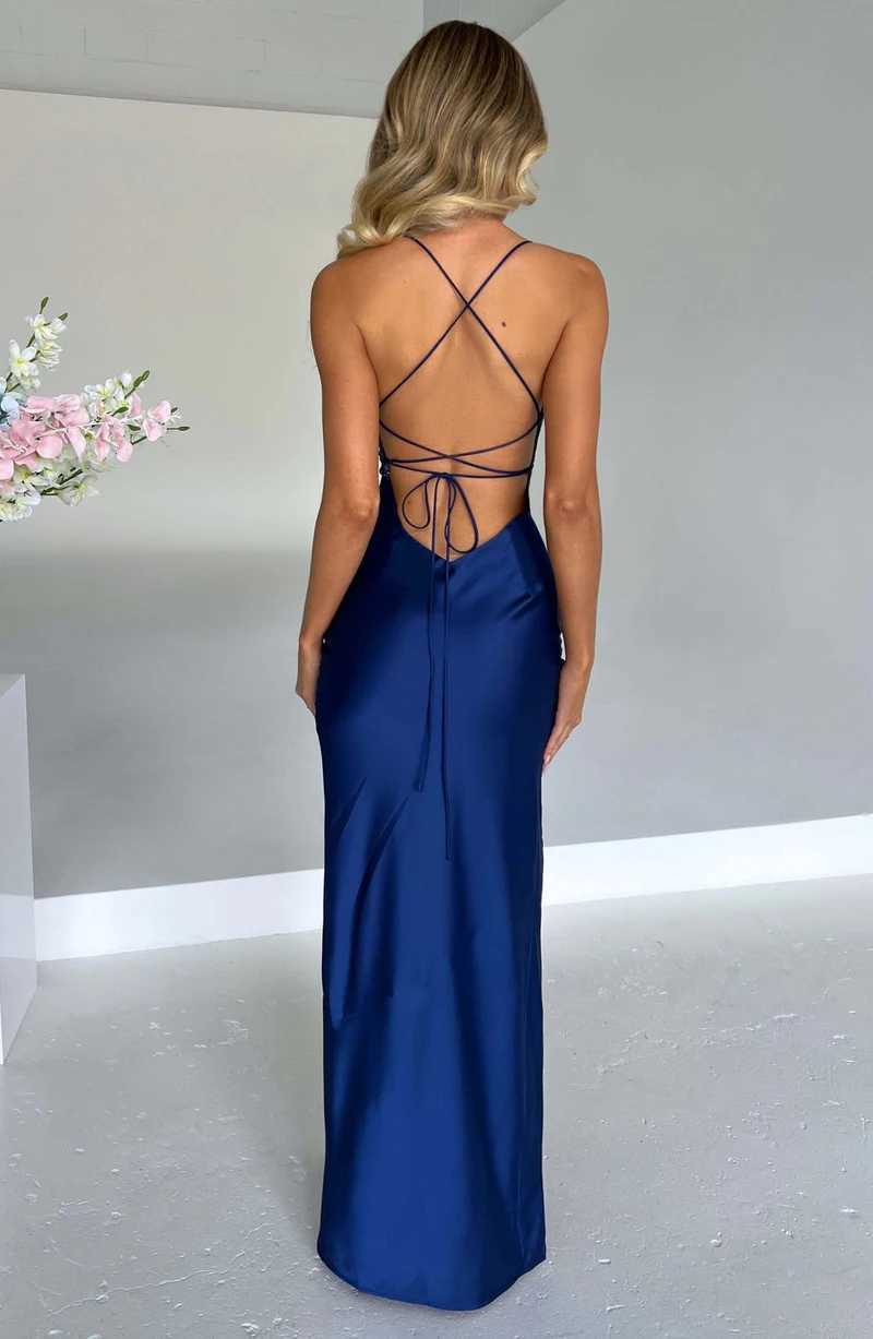 New Womens High Slit Backless Satin Strap Suspender Sexy Long Dress Elegant Satin Smooth Dance Party Evening Dress XJ250610