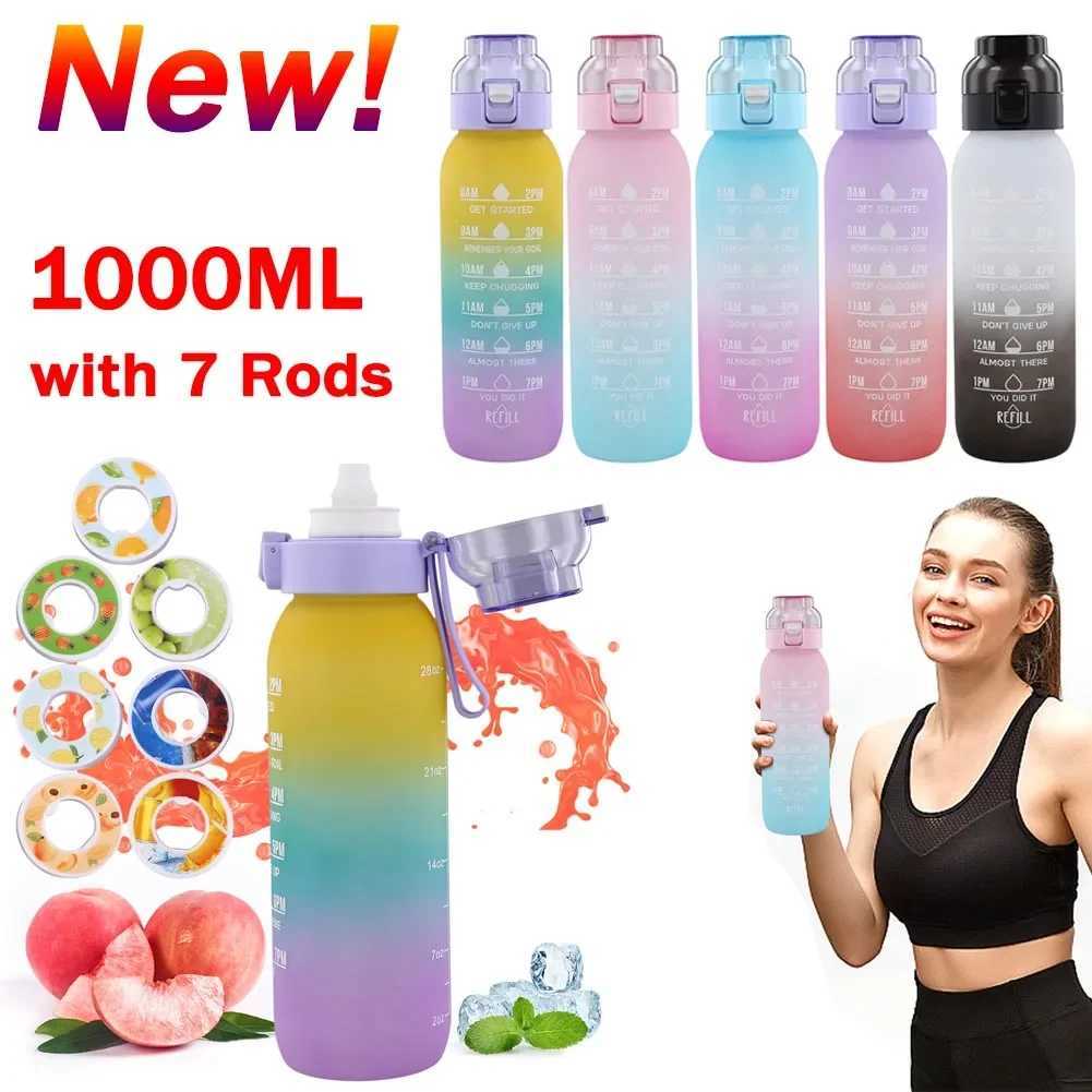 1000ML Air Flavored Water Bottle Sports Scented Water Bottle 0 Sugar Flavors Ring Water Cup With 7 Flavor Rods For Outdoor XJ250609