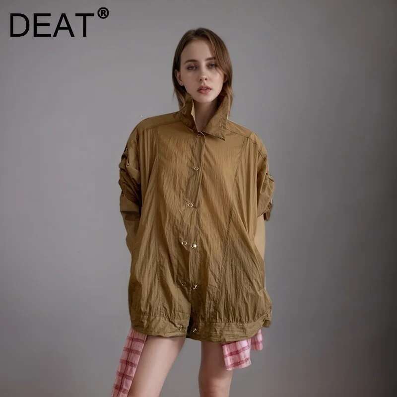 DEAT Fashion Khaki Micro Transparent Sunscreen Shirt Women's Lapel Loose Fit Single Breasted Blouse Summer New 7Ab9501