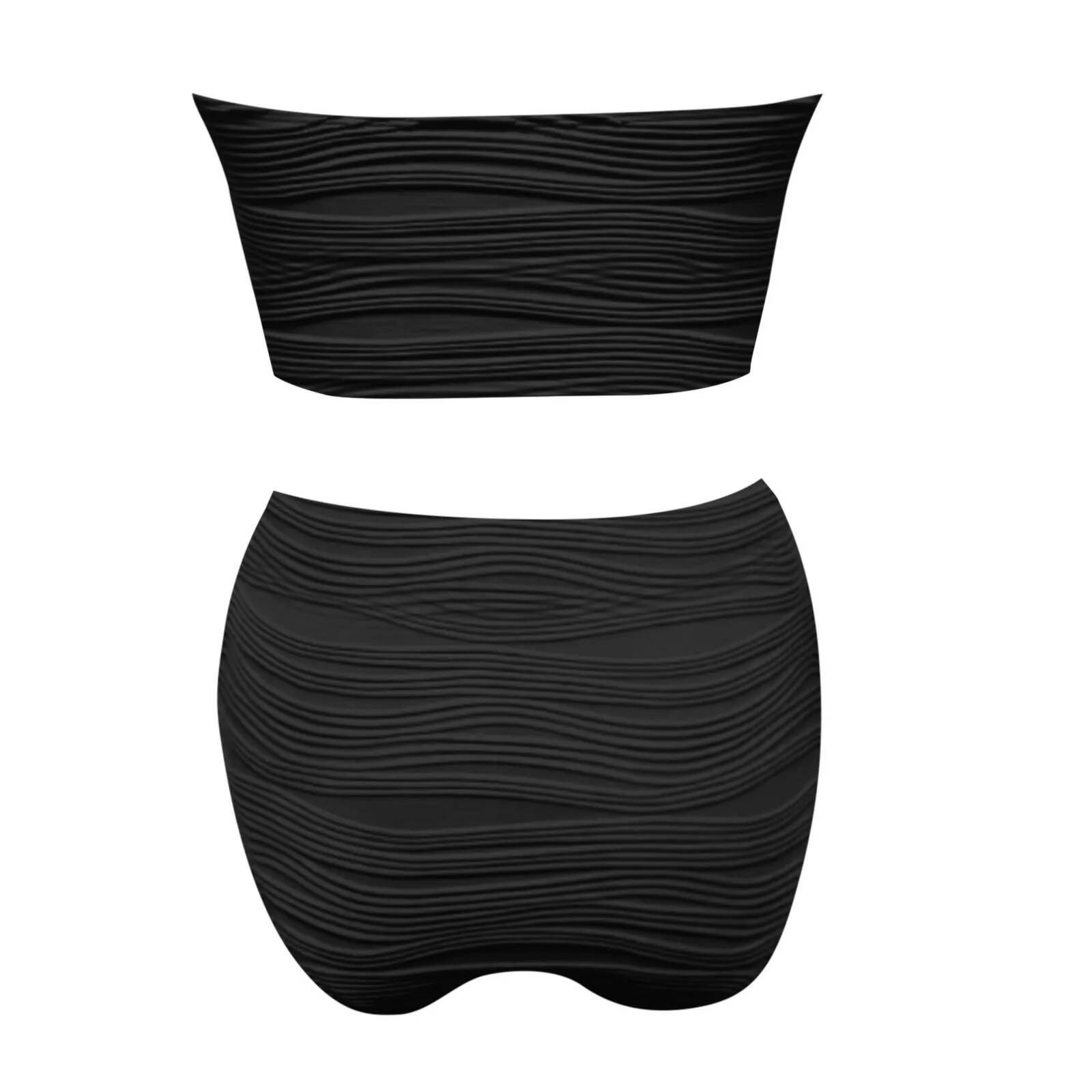 Strapless Solid Tankinis Set Ribbed Beachwear High Waist Bikini Swimsuits Bather Bathing Swimwear Women 2025