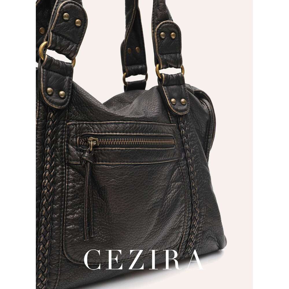 Vintage Washed PU Leather Large Capacity Tote Zip Pockets Braid Decor Shoulder Cross Body Bag Unisex Women Daily Travel Handbag