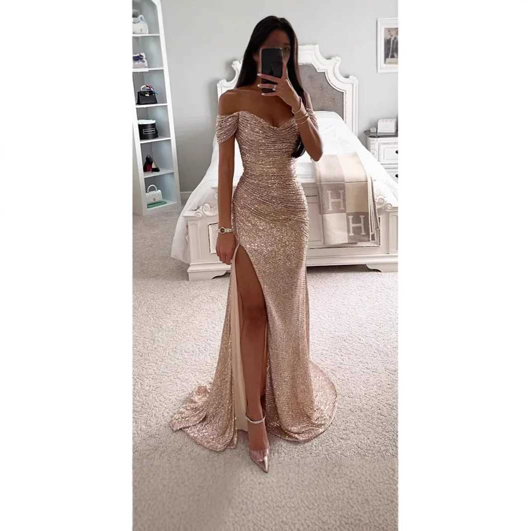 Sexy Side Slit Ballgown Shiny Sequins Womens Dress Independent Station Polyester Borderless Flashing Lightweight Fashion XJ250610