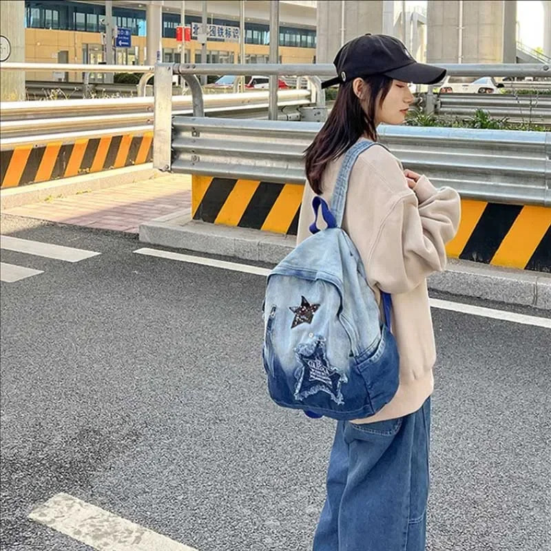 Y2K Korean Casual Denim Backpack Fashion Star Pattern Large Capacity Student Schoolbag Teenagers Vintage Punk Travel Book Bag 250606