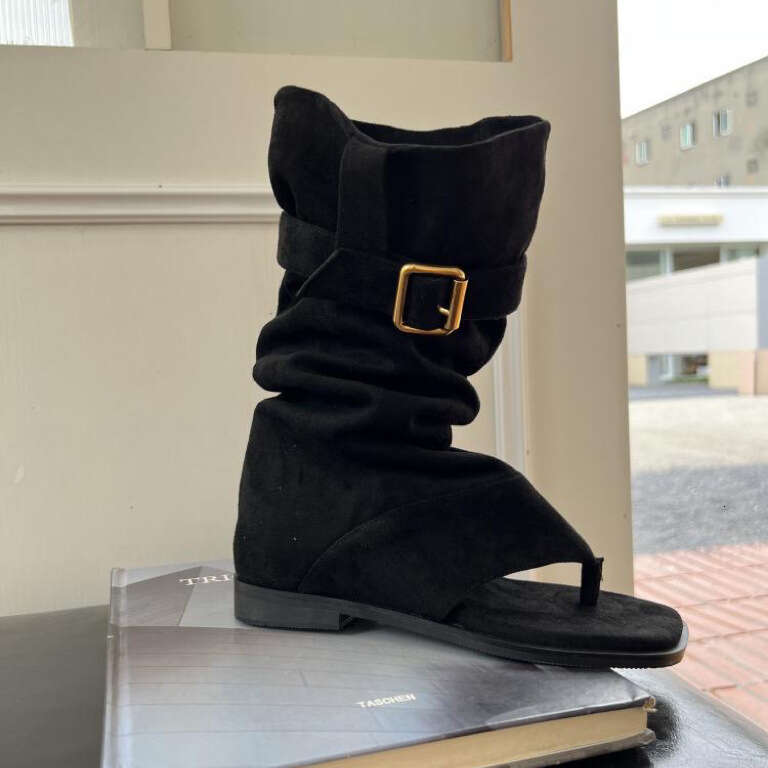 Yanshun~ Instant Hair Square Toe Clip for Women Summer New Style Hot Girl Western Cowboy Flat Stacked Boots Sandals
