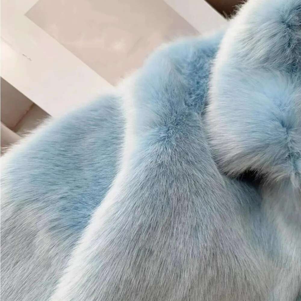 2024 Winter Light Ice blue Turn down Lapel Hairy Shaggy Faux Fur Coat Women Full Sleeve Furry Warm Jacket Short Outerwear