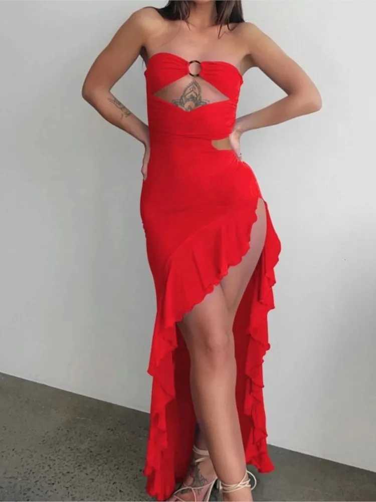 Sexy Irregular Tube Top Party Dresses Women Trend Streetwear Hollow Out Ruffles Package Hip Bodycon Slit Dress Club Prom Vestido XJ250610