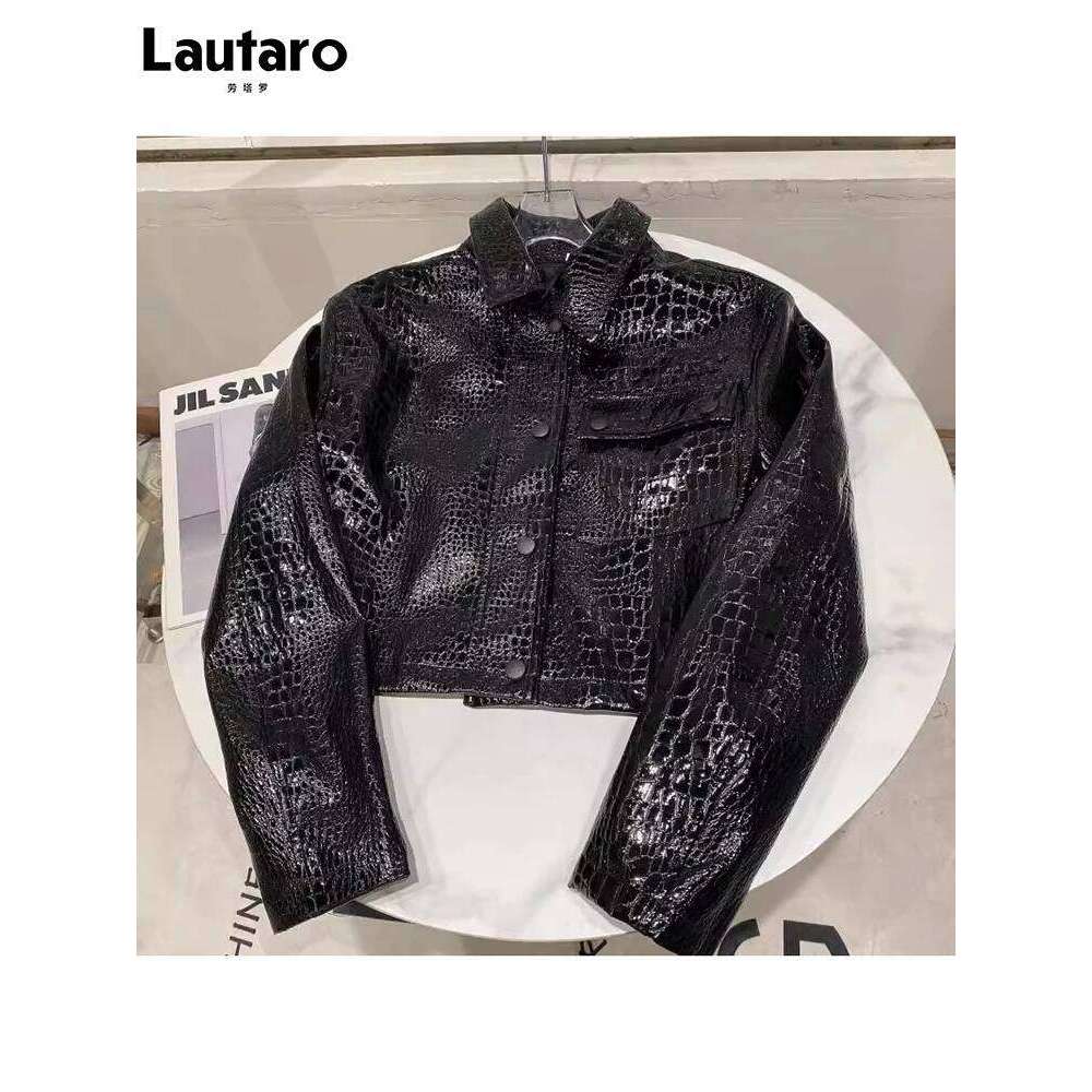 Lautaro-Short Black Patent Leather Jacket For Women, Shiny Reflective Crocodile Print, Long Sleeve, Cool Fashion, Spring,
