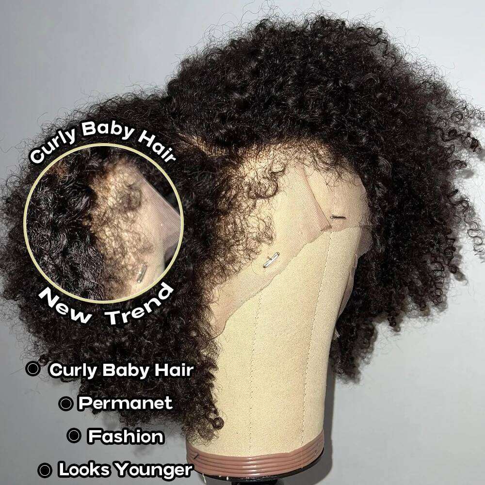 Afro With 4c Kinky Edges 250 Density 13x4 Lace Front Wig Short Curly Human Hair Wigs Pre-Plucked