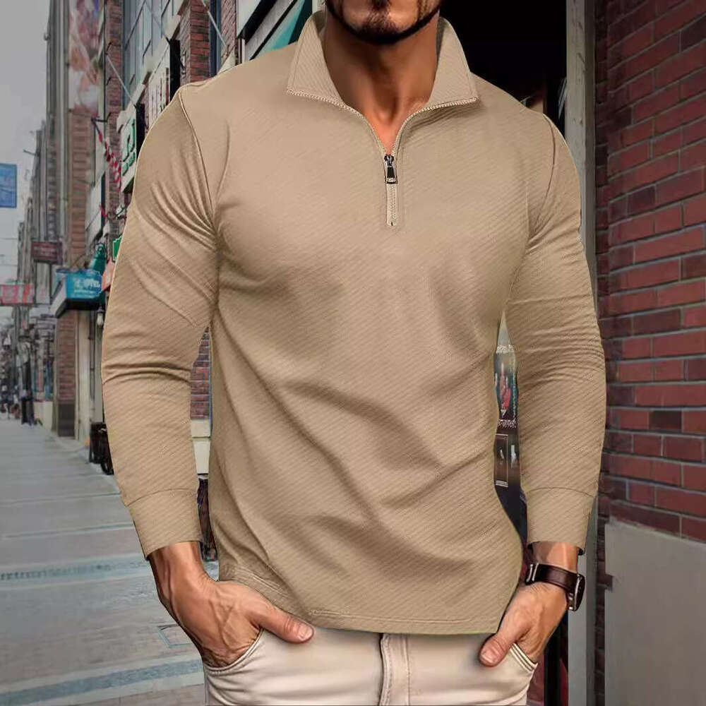 Ins Autumn New Twill Jacquard Zipper Long Sleeve Men's Sports Polo Shirt B5