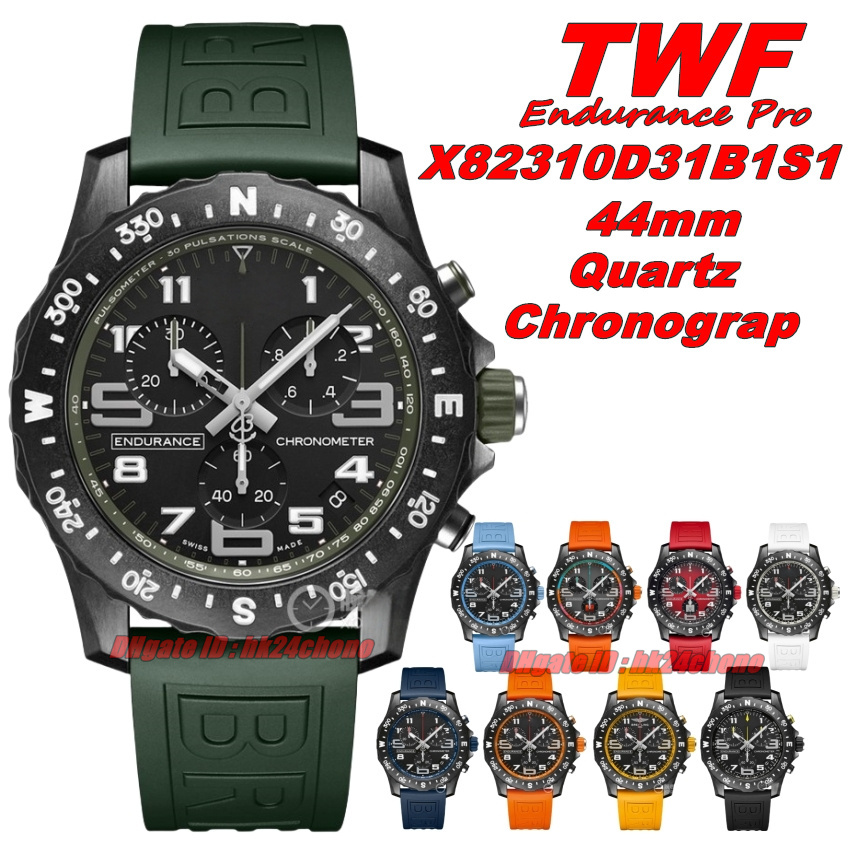 TWF Watches TW 44mm Endurance Pro Chronograph Quartz Mens Watch Black Dial Green Rubber Strap Gents Wristwatches X82310D31B1S1